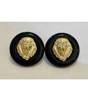 Kenneth Jay Lane LION HEAD EARRINGS Pierced Gold Tone w/Black Jacket KJL Sharp!